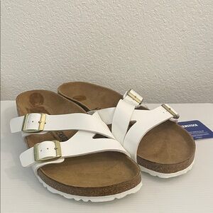 Birkenstock Yao Birko-Flor White Sandals with Gold Buckles